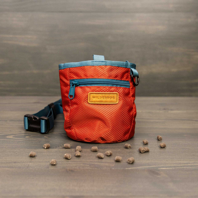 An orange and blue Dog Training Treat Pouch sits on a wooden surface, showing its magnetic and zipper closure, with dog treats scattered in front of the hands-free pouch.